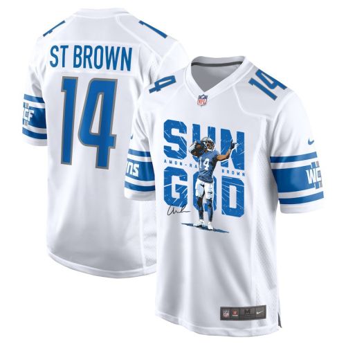 Amon-Ra St. Brown 14 Detroit Lions Signed Scratch Sun God Game Men Jersey - White