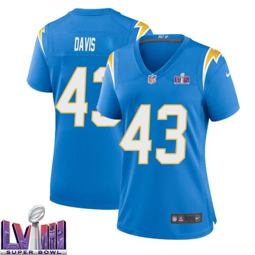 Michael Davis 43 Los Angeles Chargers Super Bowl LVIII Women Home Game Jersey - Powder Blue