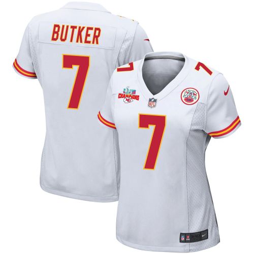 Harrison Butker 7 Kansas City Chiefs Super Bowl LVII Champions 3 Stars Women Game Jersey - White