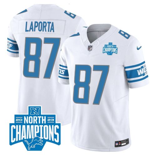 Sam LaPorta 87 Detroit Lions 2023 NFC North Division Champions Patch Game Men Jersey - White