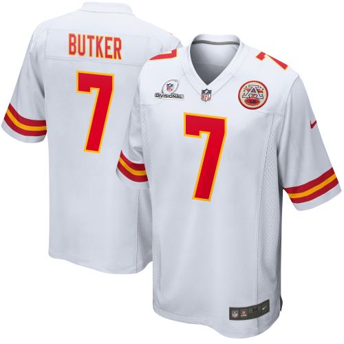 Harrison Butker 7 Kansas City Chiefs 2024 Divisional Patch Game Men Jersey - White