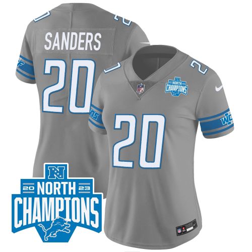 Barry Sanders 20 Detroit Lions 2023 NFC North Division Champions Patch Women Game Jersey - Gray