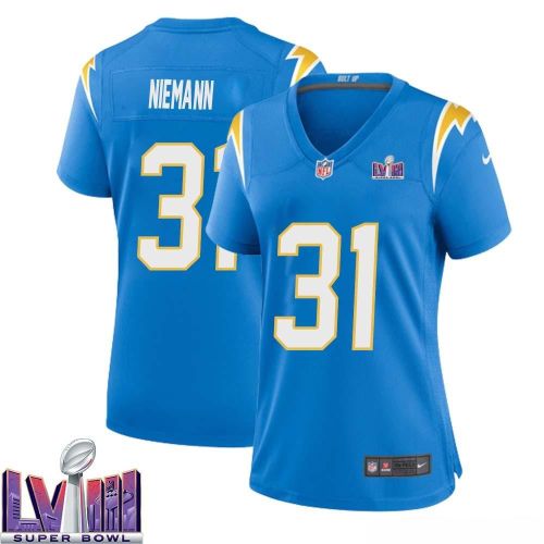 Nick Niemann 31 Los Angeles Chargers Super Bowl LVIII Women Home Game Jersey - Powder Blue