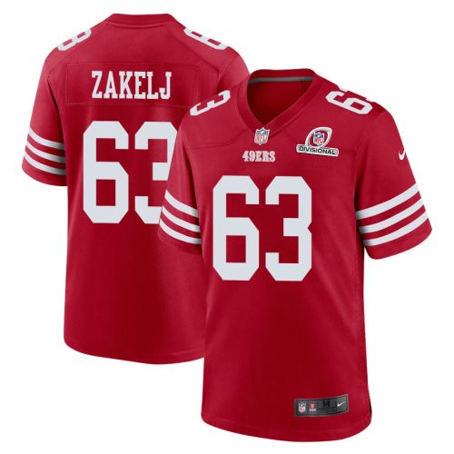 Nick Zakelj 63 San Francisco 49ers 2024 Divisional Patch Game Men Jersey - Scarlet