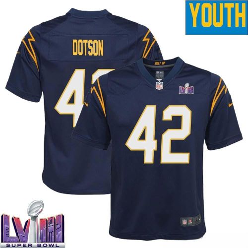 Elijah Dotson 42 Los Angeles Chargers Super Bowl LVIII YOUTH Alternate Game Jersey - Navy