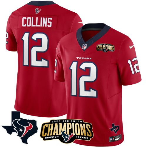 Nico Collins 12 Houston Texans 2023 AFC South Champions Patch Game Men Jersey - Red