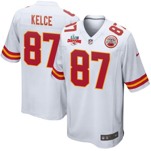 Travis Kelce 87 Kansas City Chiefs Super Bowl LVII Champions 3 Stars Men Game Jersey - White