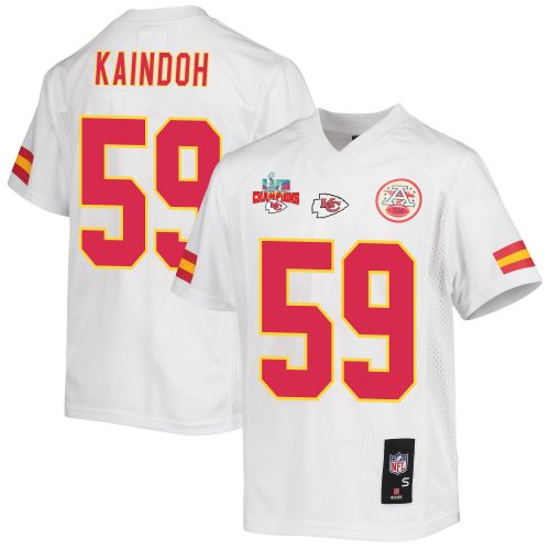 Joshua Kaindoh 59 Kansas City Chiefs Super Bowl LVII Champions 3 Stars Youth Game Jersey - White