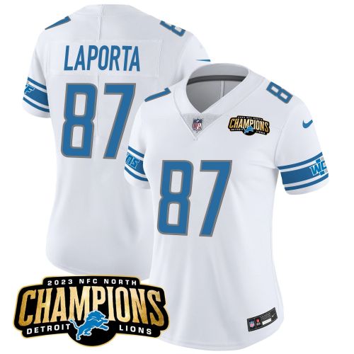 Sam LaPorta 87 Detroit Lions 2023 NFC North Champions Patch Women Game Jersey - White