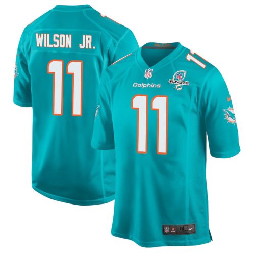 Cedrick Wilson Jr. 11 Miami Dolphins 2023 Playoffs Patch Game Men Jersey - Aqua