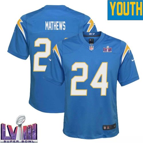 Ryan Mathews 24 Los Angeles Chargers Super Bowl LVIII YOUTH Home Game Jersey - Powder Blue