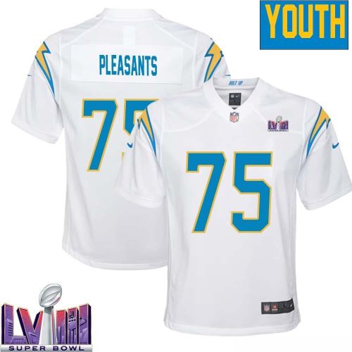 Austen Pleasants 75 Los Angeles Chargers Super Bowl LVIII YOUTH Away Game Jersey - White