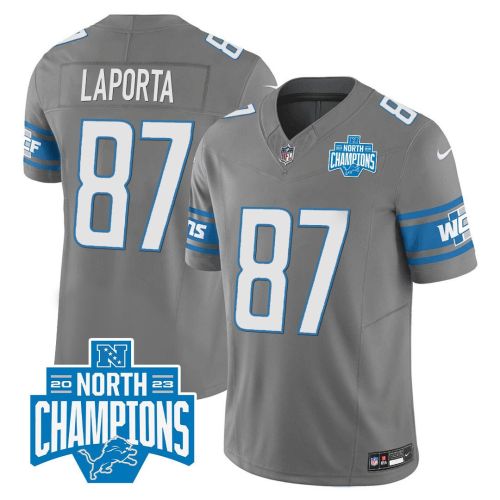 Sam LaPorta 87 Detroit Lions 2023 NFC North Division Champions Patch Game Men Jersey - Gray