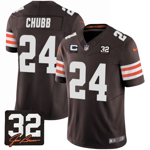 Nick Chubb 24 Cleveland Browns Jim Brown Memorial Patch Game Men Jersey - Brown