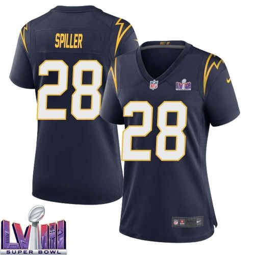 Isaiah Spiller 28 Los Angeles Chargers Super Bowl LVIII Women Alternate Game Jersey - Navy