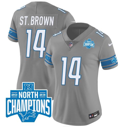 Amon-Ra St. Brown 14 Detroit Lions 2023 NFC North Division Champions Patch Women Game Jersey - Gray