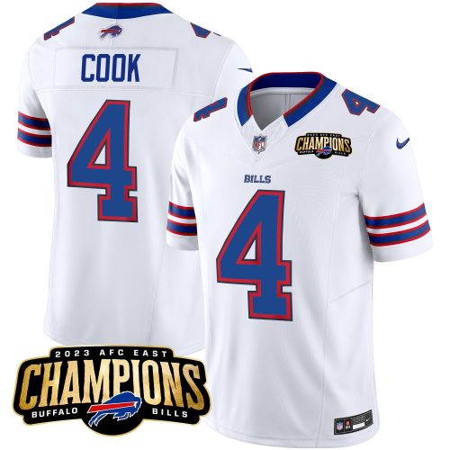 James Cook 4 Buffalo Bills 2023 AFC East Champions Patch Game Men Jersey - White