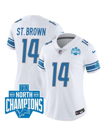 Amon-Ra St. Brown 14 Detroit Lions 2023 NFC North Division Champions Patch Women Game Jersey - White