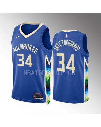 Giannis Antetokounmpo 34 2022-23 Milwaukee Bucks Blue City Edition Jersey Swingman