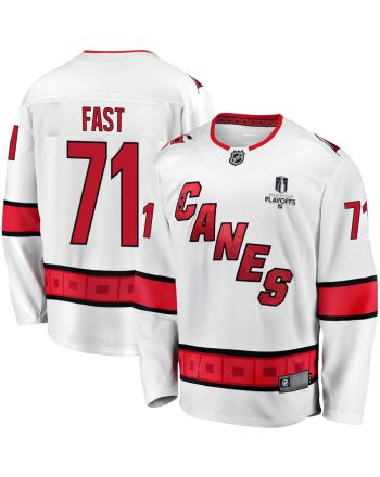 Jesper Fast 71 Carolina Hurricanes Stanley Cup 2023 Playoffs Patch Away Breakaway Men Jersey - White