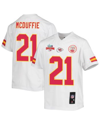 Trent McDuffie 21 Kansas City Chiefs Super Bowl LVII Champions 3 Stars Youth Game Jersey - White