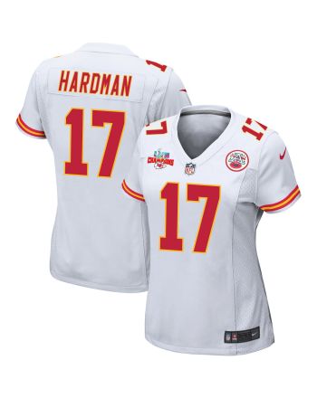 Mecole Hardman 17 Kansas City Chiefs Super Bowl LVII Champions 3 Stars Women Game Jersey - White