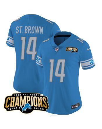 Amon-Ra St. Brown 14 Detroit Lions 2023 NFC North Champions Patch Women Game Jersey - Blue