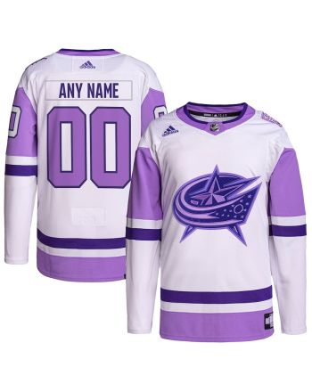 Columbus Blue Jackets Hockey Fights Cancer Primegreen Custom Men Jersey - White/Purple