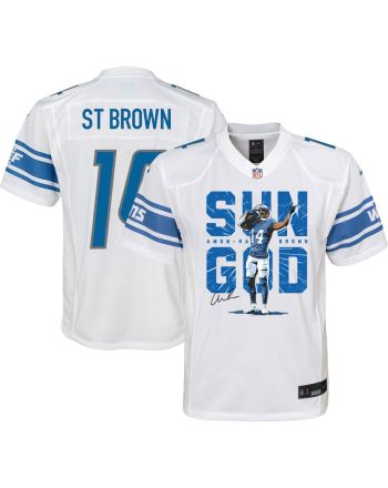 Amon-Ra St. Brown 14 Detroit Lions Signed Scratch Sun God Game YOUTH Jersey - White