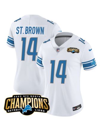 Amon-Ra St. Brown 14 Detroit Lions 2023 NFC North Champions Patch Women Game Jersey - White