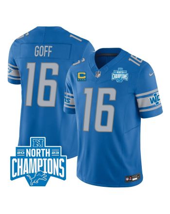 Jared Goff 16 Detroit Lions 2023 NFC North Division Champions Patch Game Men Jersey - Blue