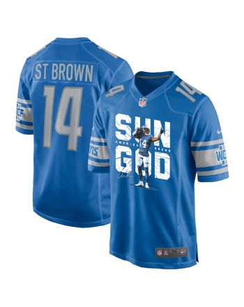 Amon-Ra St. Brown 14 Detroit Lions Signed Scratch Sun God Game Men Jersey - Blue