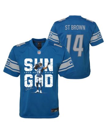 Amon-Ra St. Brown 14 Detroit Lions Signed Scratch Sun God Game YOUTH Jersey - Blue