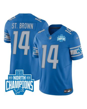 Amon-Ra St. Brown 14 Detroit Lions 2023 NFC North Division Champions Patch Game Men Jersey - Blue