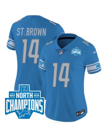 Amon-Ra St. Brown 14 Detroit Lions 2023 NFC North Division Champions Patch Women Game Jersey - Blue