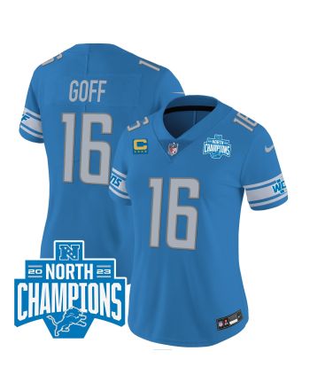 Jared Goff 16 Detroit Lions 2023 NFC North Division Champions Patch Women Game Jersey - Blue