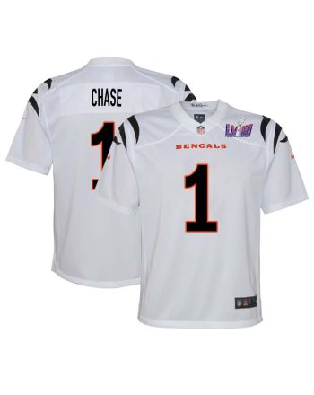 Ja’Marr Chase 1 Cincinnati Bengals Super Bowl LVIII YOUTH Away Limited Jersey - White