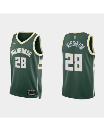 Milwaukee Bucks 28 Lindell Wigginton 2022-23 Icon Edition Hunter Green Men Jersey