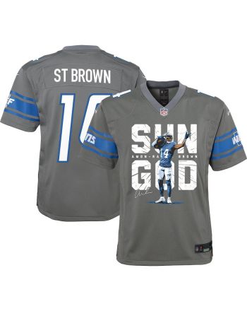 Amon-Ra St. Brown 14 Detroit Lions Signed Scratch Sun God Game YOUTH Jersey - Silver